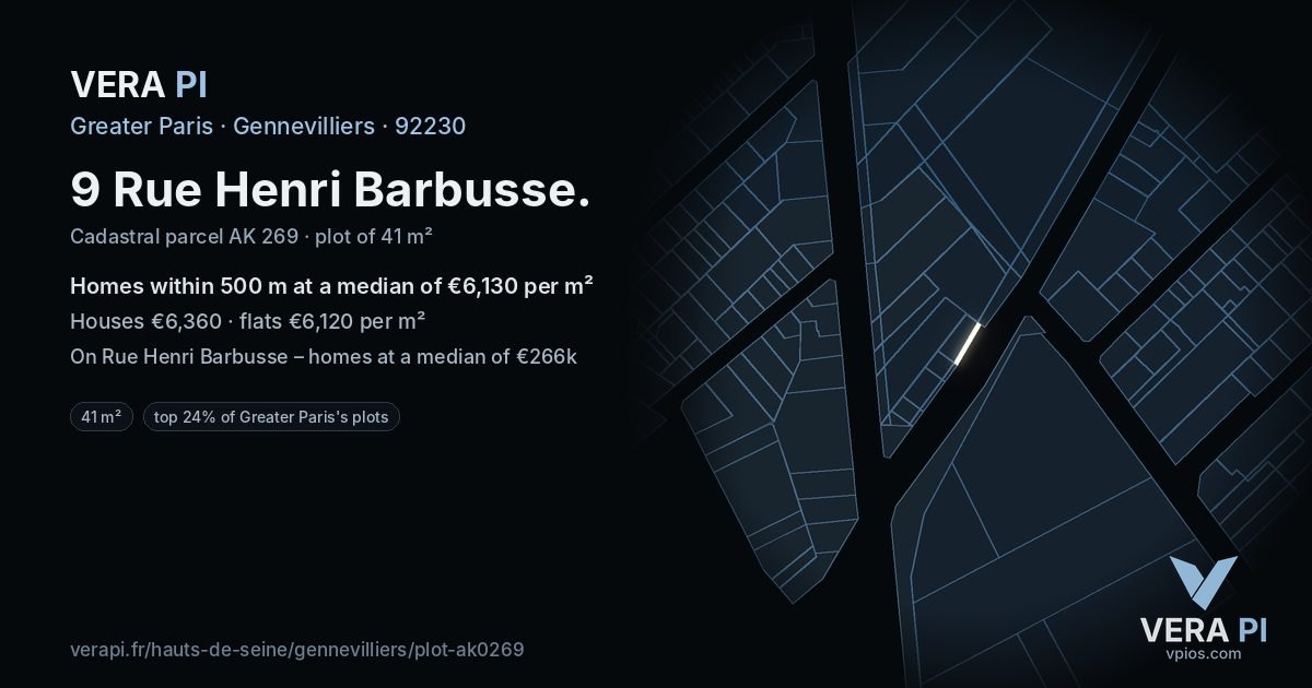 9 Rue Henri Barbusse, Gennevilliers at night – the plot lit, the parcels around coloured by the prices near them
