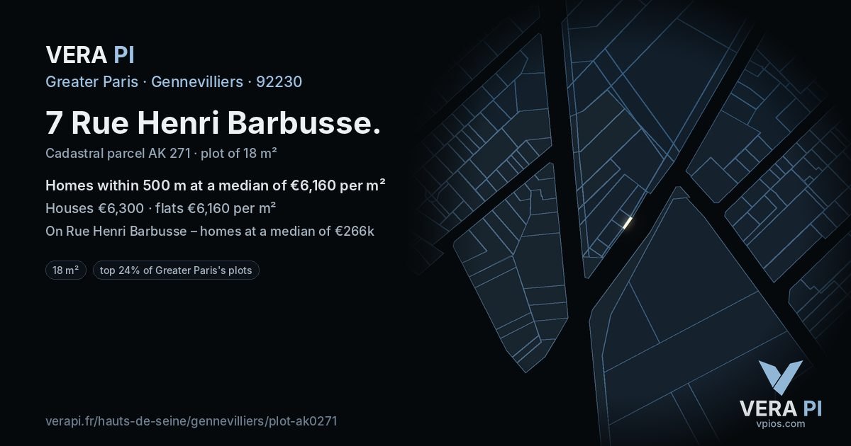 7 Rue Henri Barbusse, Gennevilliers at night – the plot lit, the parcels around coloured by the prices near them