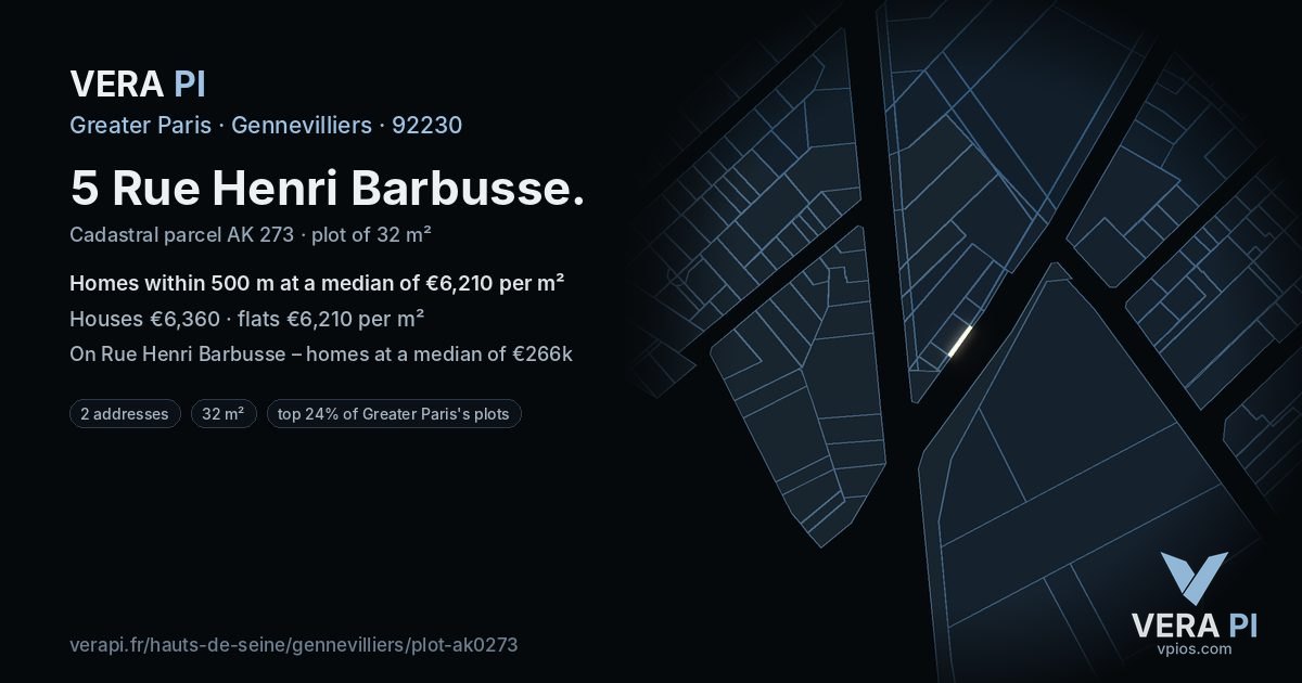 5 Rue Henri Barbusse, Gennevilliers at night – the plot lit, the parcels around coloured by the prices near them