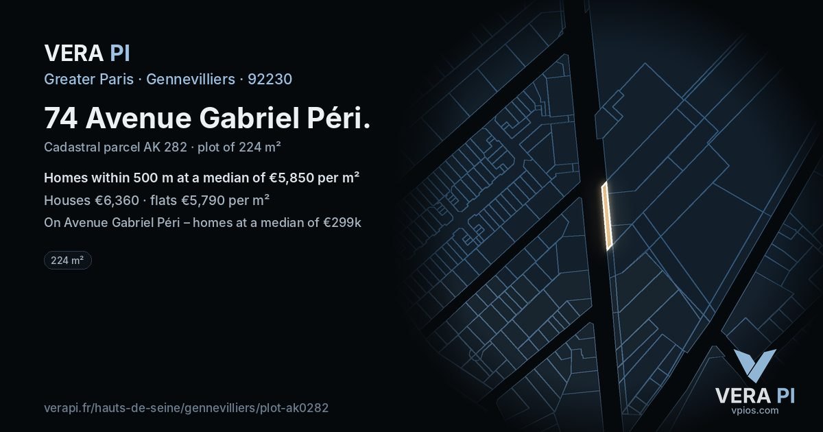 74 Avenue Gabriel Péri, Gennevilliers at night – the plot lit, the parcels around coloured by the prices near them