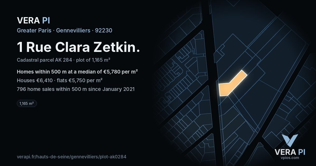 1 Rue Clara Zetkin, Gennevilliers at night – the plot lit, the parcels around coloured by the prices near them