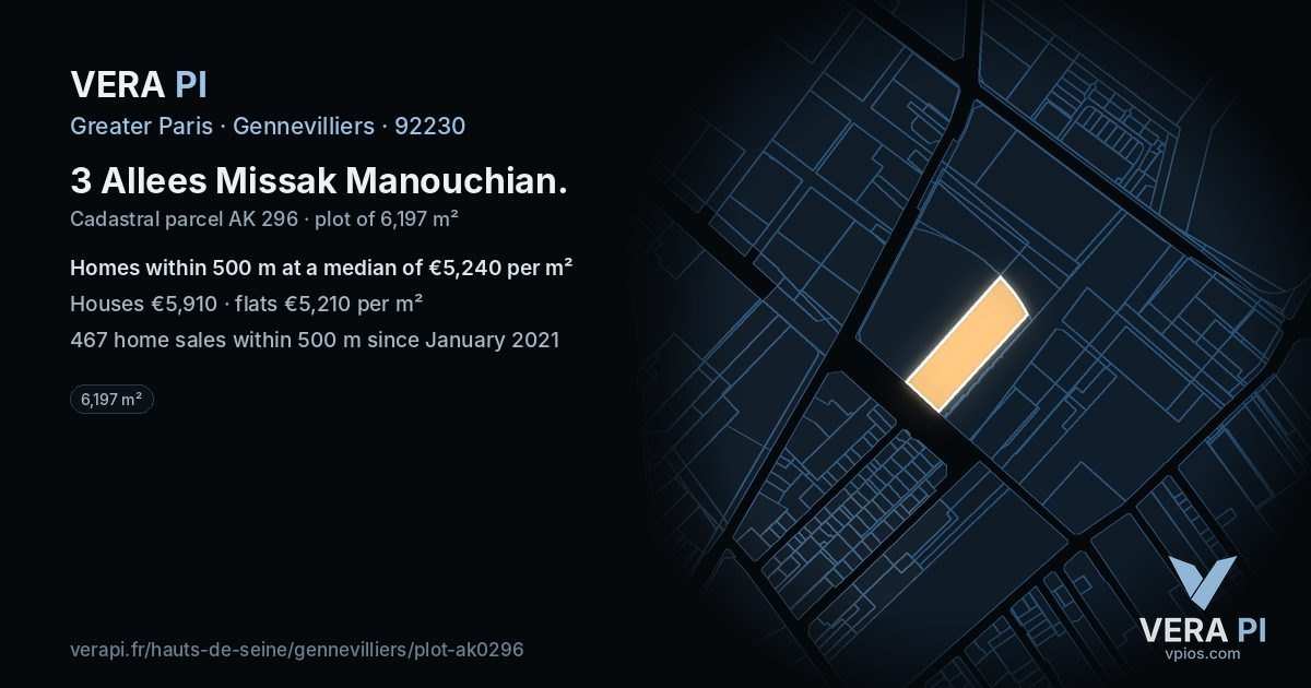 3 Allees Missak Manouchian, Gennevilliers at night – the plot lit, the parcels around coloured by the prices near them