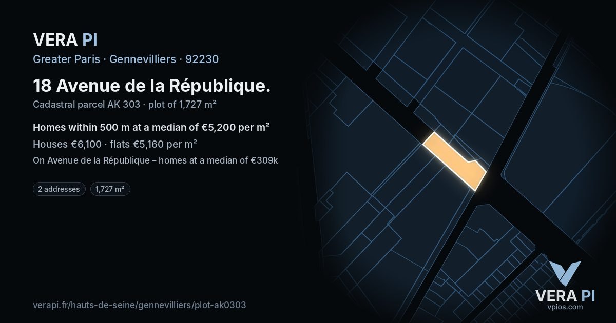 18 Avenue de la République, Gennevilliers at night – the plot lit, the parcels around coloured by the prices near them