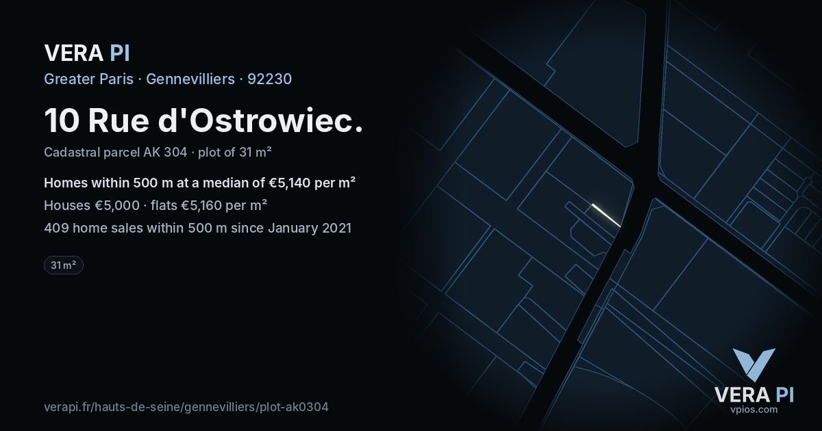10 Rue d'Ostrowiec, Gennevilliers at night – the plot lit, the parcels around coloured by the prices near them