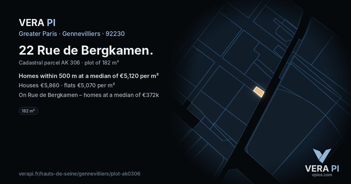 22 Rue de Bergkamen, Gennevilliers at night – the plot lit, the parcels around coloured by the prices near them