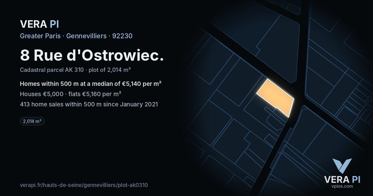 8 Rue d'Ostrowiec, Gennevilliers at night – the plot lit, the parcels around coloured by the prices near them