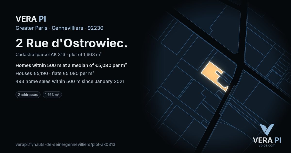 2 Rue d'Ostrowiec, Gennevilliers at night – the plot lit, the parcels around coloured by the prices near them