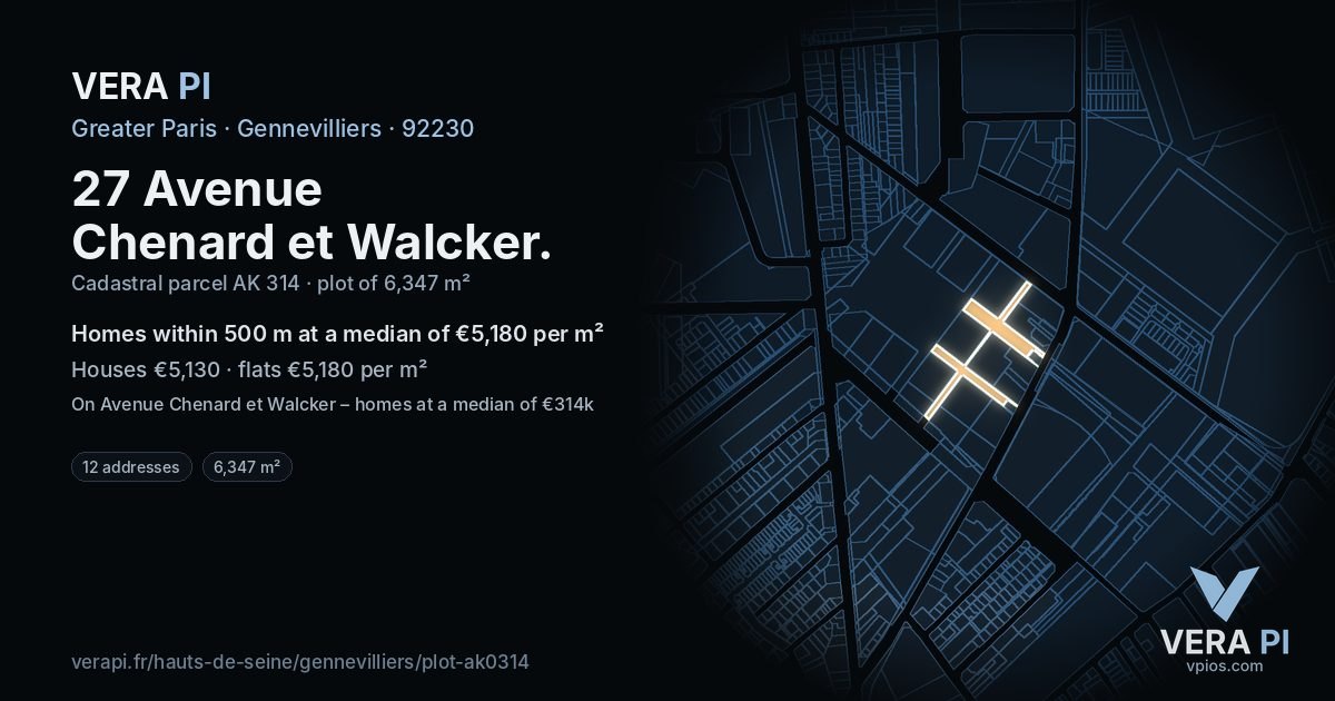 27 Avenue Chenard et Walcker, Gennevilliers at night – the plot lit, the parcels around coloured by the prices near them