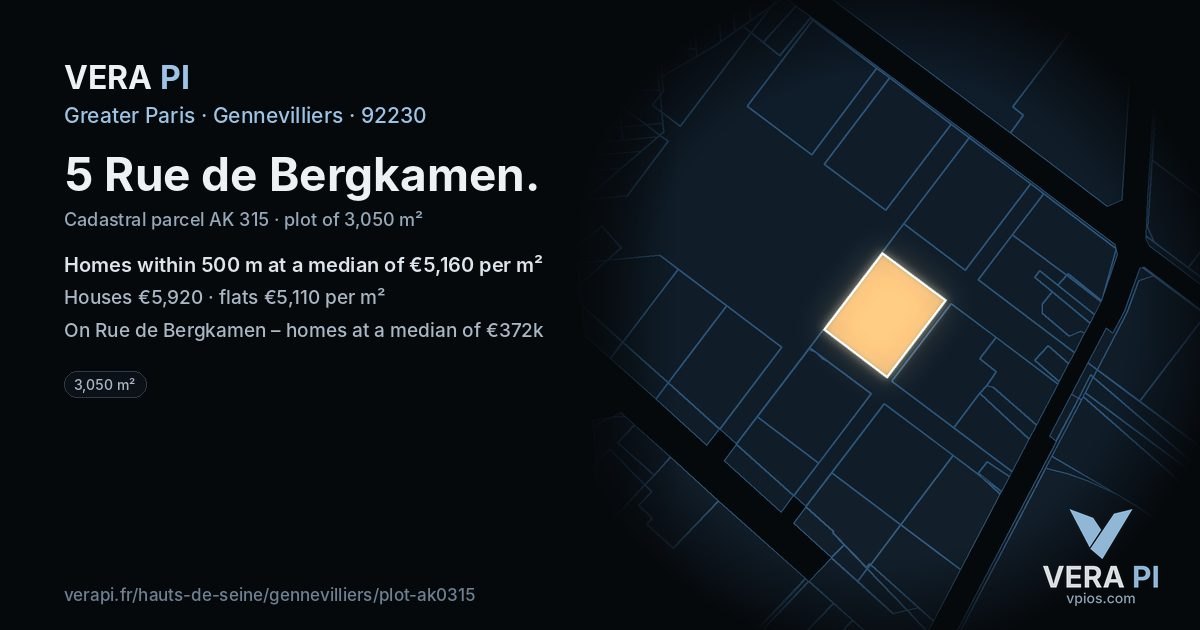 5 Rue de Bergkamen, Gennevilliers at night – the plot lit, the parcels around coloured by the prices near them