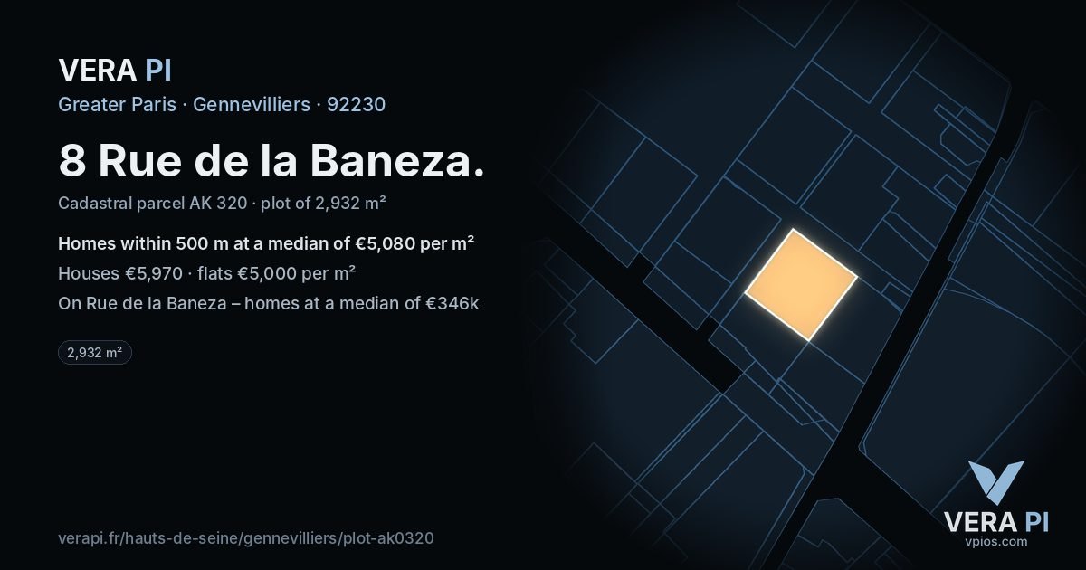 8 Rue de la Baneza, Gennevilliers at night – the plot lit, the parcels around coloured by the prices near them