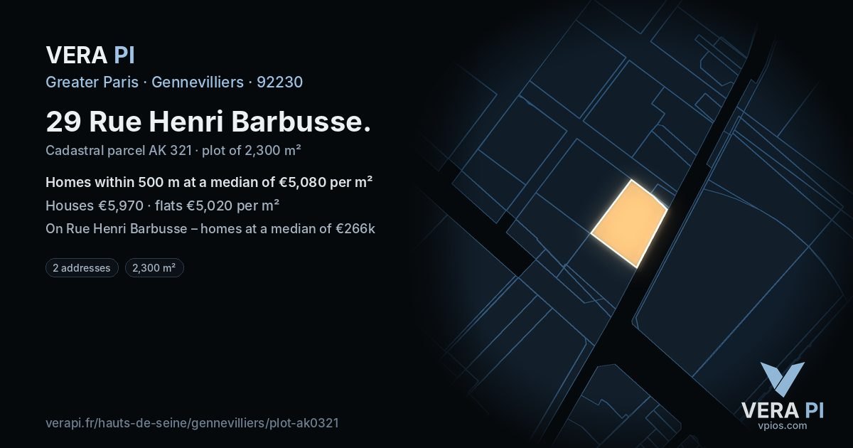 29 Rue Henri Barbusse, Gennevilliers at night – the plot lit, the parcels around coloured by the prices near them