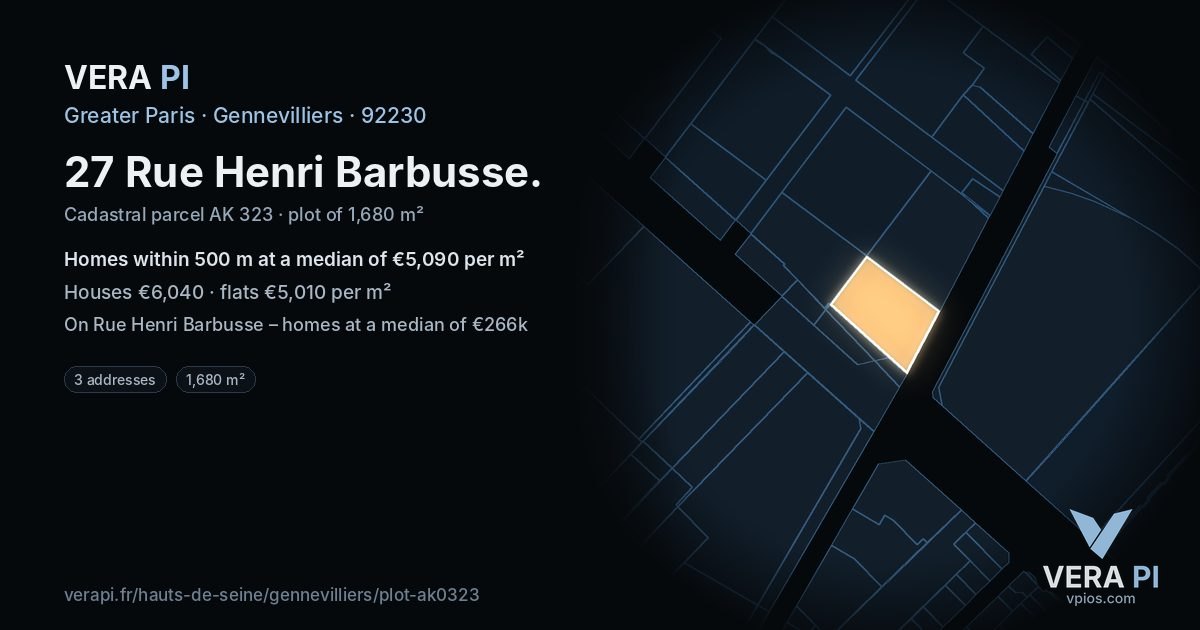27 Rue Henri Barbusse, Gennevilliers at night – the plot lit, the parcels around coloured by the prices near them