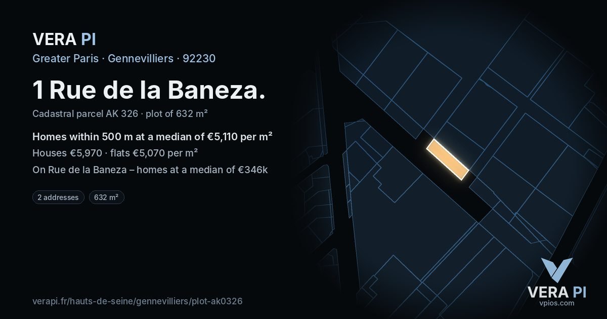 1 Rue de la Baneza, Gennevilliers at night – the plot lit, the parcels around coloured by the prices near them