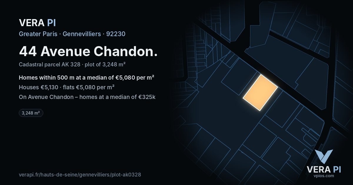 44 Avenue Chandon, Gennevilliers at night – the plot lit, the parcels around coloured by the prices near them