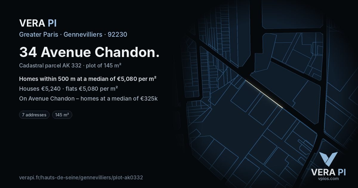 34 Avenue Chandon, Gennevilliers at night – the plot lit, the parcels around coloured by the prices near them