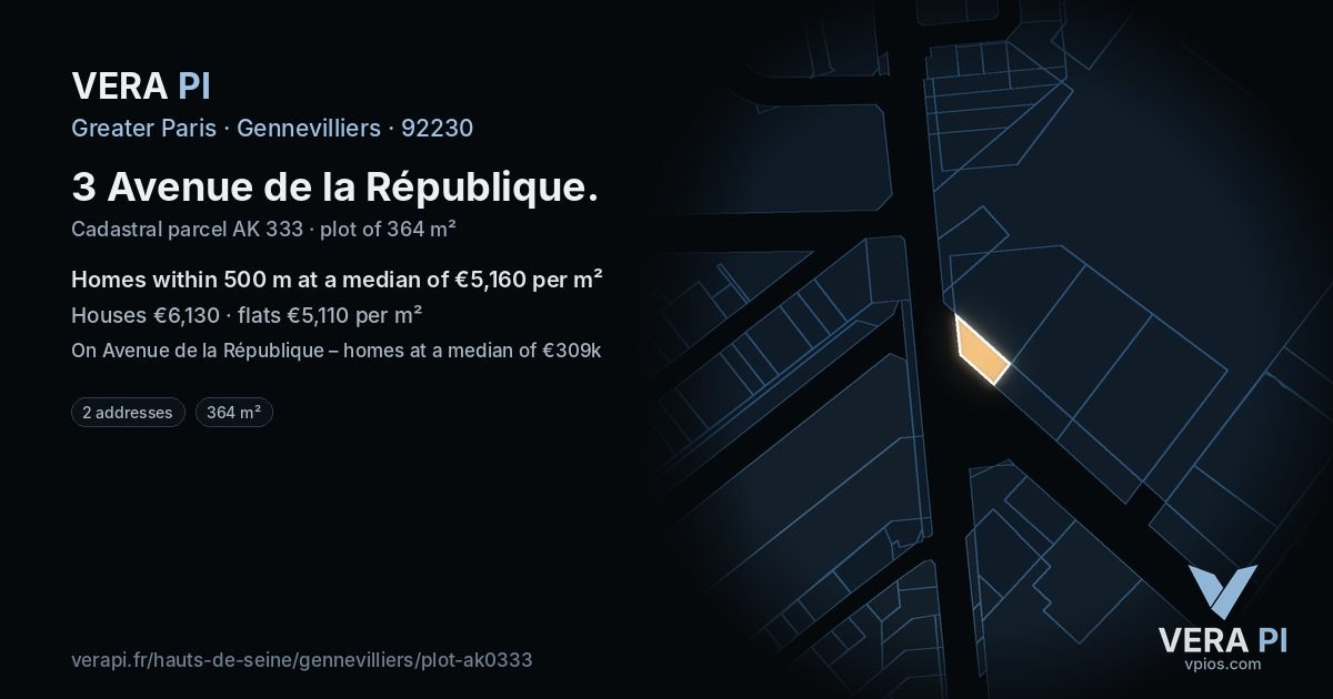 3 Avenue de la République, Gennevilliers at night – the plot lit, the parcels around coloured by the prices near them