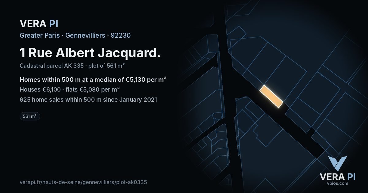 1 Rue Albert Jacquard, Gennevilliers at night – the plot lit, the parcels around coloured by the prices near them