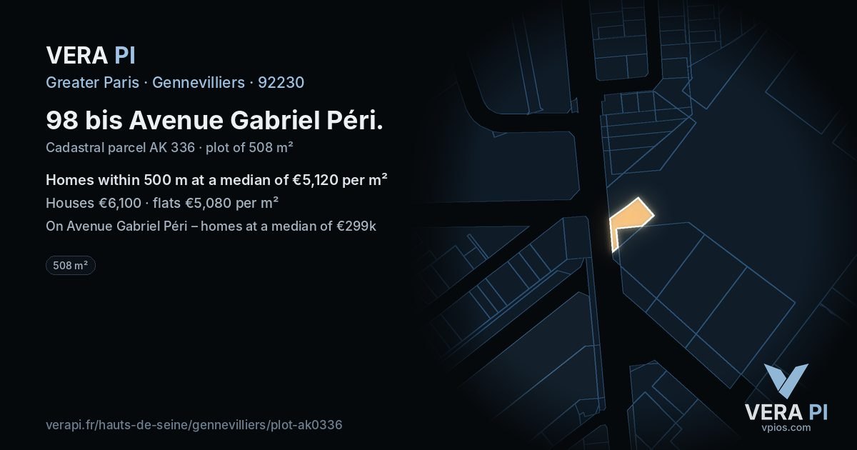 98 bis Avenue Gabriel Péri, Gennevilliers at night – the plot lit, the parcels around coloured by the prices near them