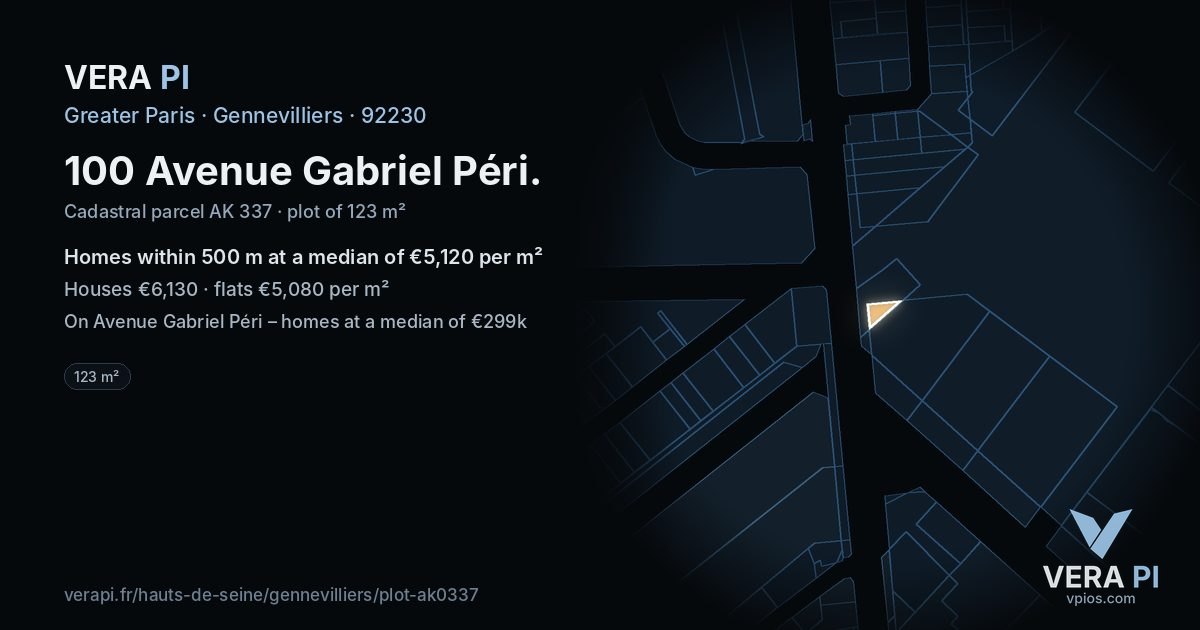 100 Avenue Gabriel Péri, Gennevilliers at night – the plot lit, the parcels around coloured by the prices near them