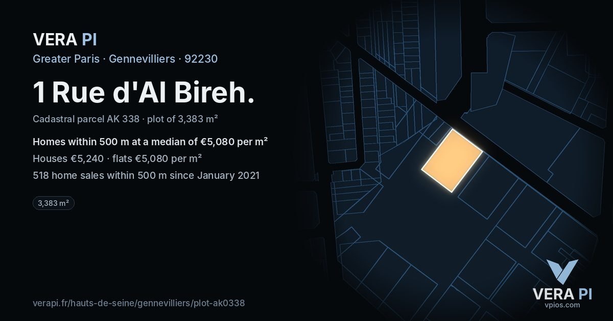 1 Rue d'Al Bireh, Gennevilliers at night – the plot lit, the parcels around coloured by the prices near them