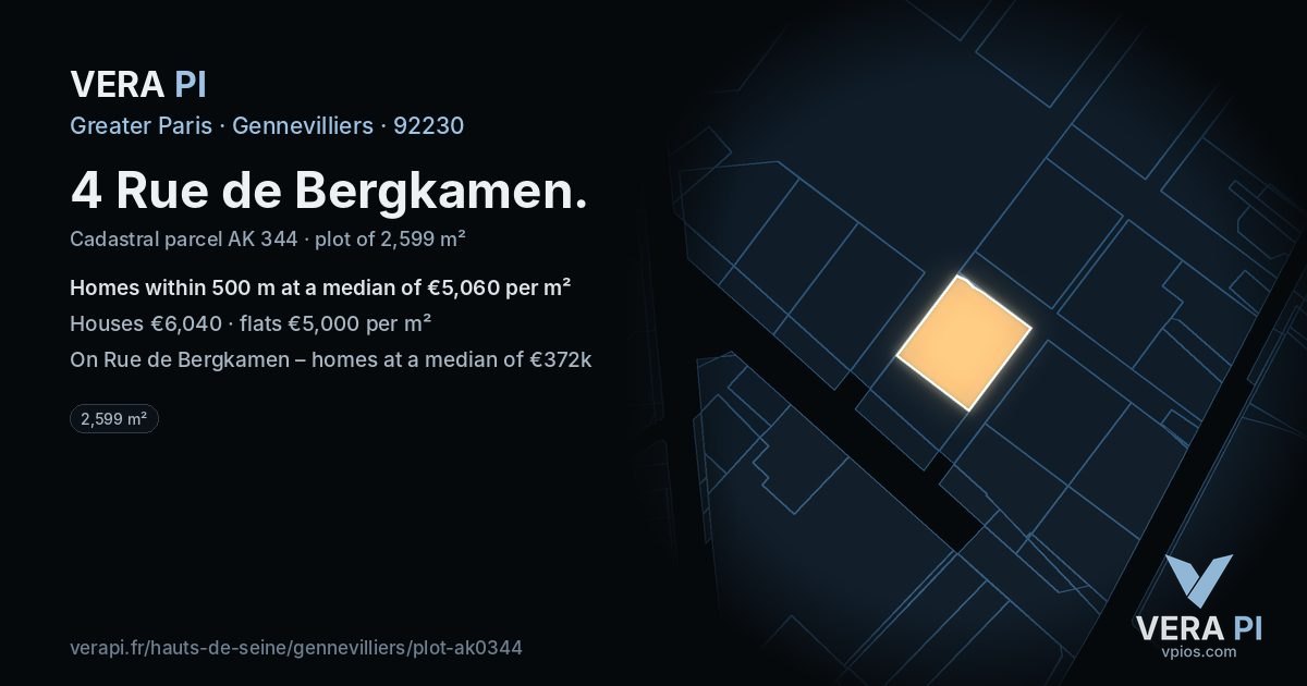 4 Rue de Bergkamen, Gennevilliers at night – the plot lit, the parcels around coloured by the prices near them
