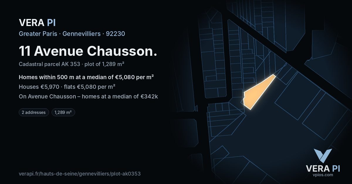 11 Avenue Chausson, Gennevilliers at night – the plot lit, the parcels around coloured by the prices near them