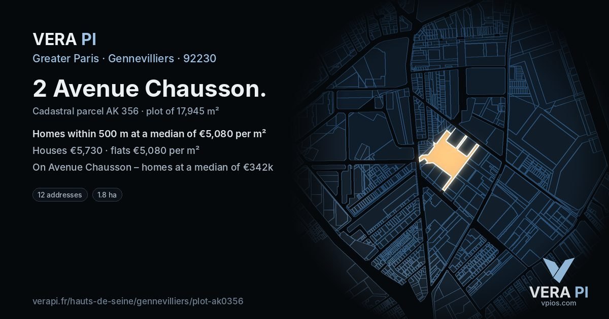 2 Avenue Chausson, Gennevilliers at night – the plot lit, the parcels around coloured by the prices near them