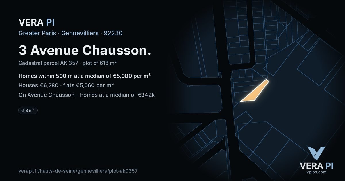 3 Avenue Chausson, Gennevilliers at night – the plot lit, the parcels around coloured by the prices near them