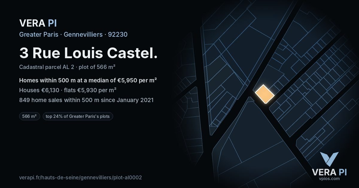 3 Rue Louis Castel, Gennevilliers at night – the plot lit, the parcels around coloured by the prices near them