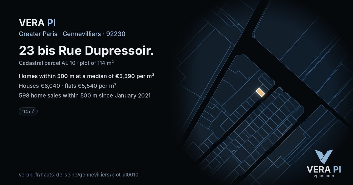 23 bis Rue Dupressoir, Gennevilliers at night – the plot lit, the parcels around coloured by the prices near them