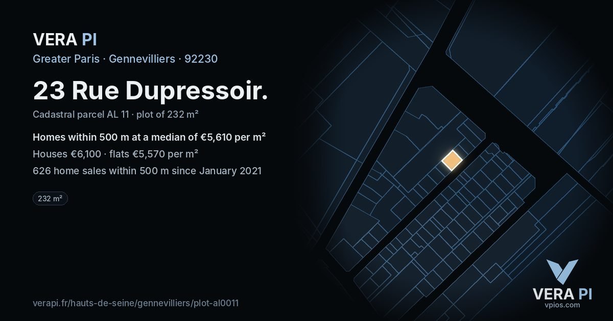 23 Rue Dupressoir, Gennevilliers at night – the plot lit, the parcels around coloured by the prices near them