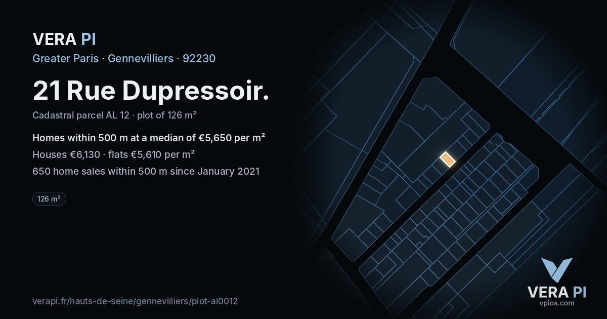 21 Rue Dupressoir, Gennevilliers at night – the plot lit, the parcels around coloured by the prices near them
