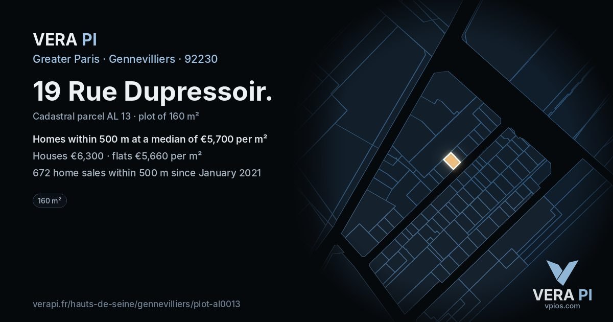 19 Rue Dupressoir, Gennevilliers at night – the plot lit, the parcels around coloured by the prices near them