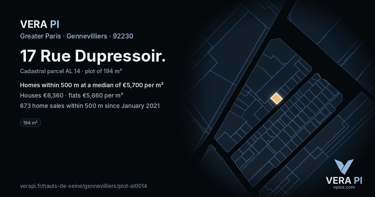 17 Rue Dupressoir, Gennevilliers at night – the plot lit, the parcels around coloured by the prices near them