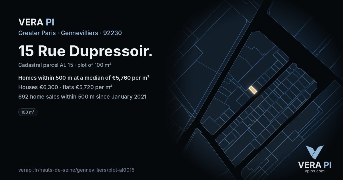 15 Rue Dupressoir, Gennevilliers at night – the plot lit, the parcels around coloured by the prices near them