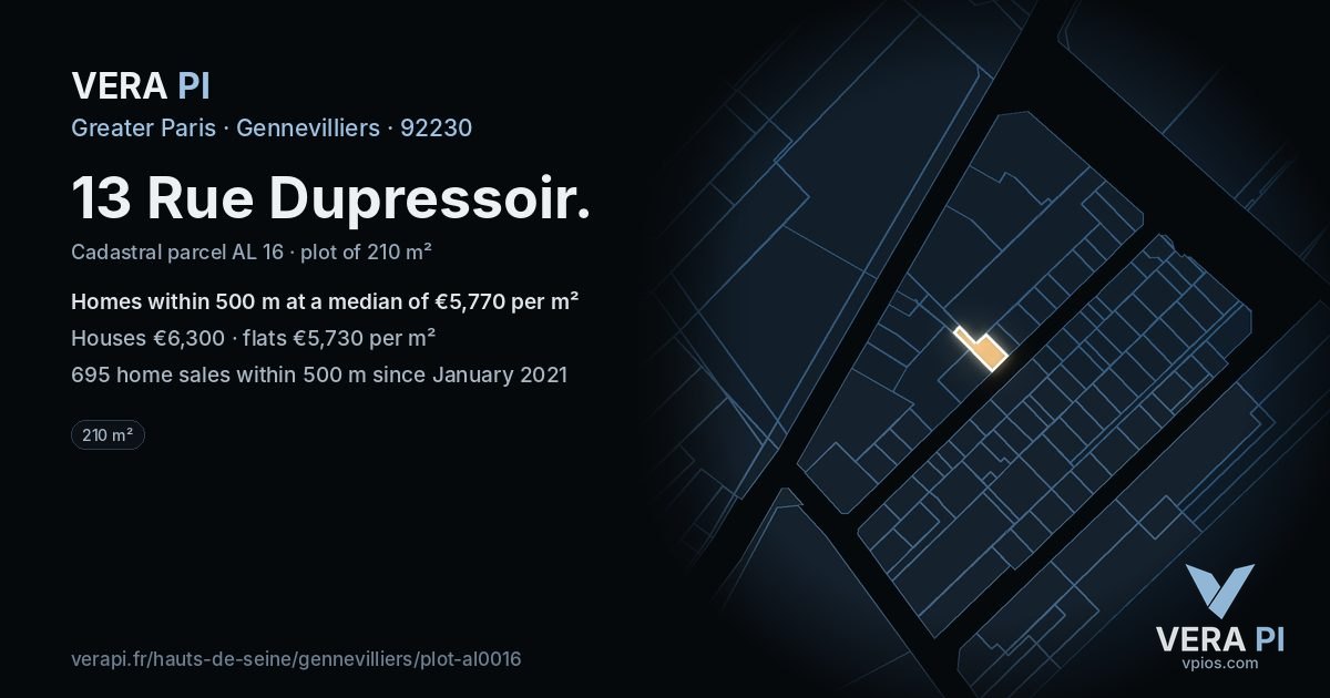 13 Rue Dupressoir, Gennevilliers at night – the plot lit, the parcels around coloured by the prices near them