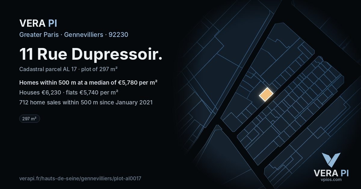 11 Rue Dupressoir, Gennevilliers at night – the plot lit, the parcels around coloured by the prices near them