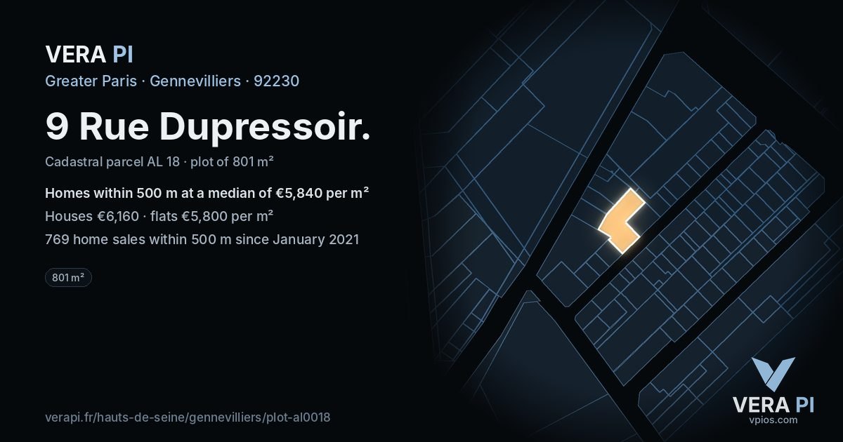 9 Rue Dupressoir, Gennevilliers at night – the plot lit, the parcels around coloured by the prices near them