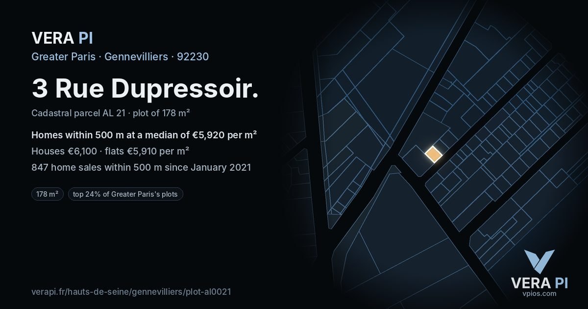 3 Rue Dupressoir, Gennevilliers at night – the plot lit, the parcels around coloured by the prices near them