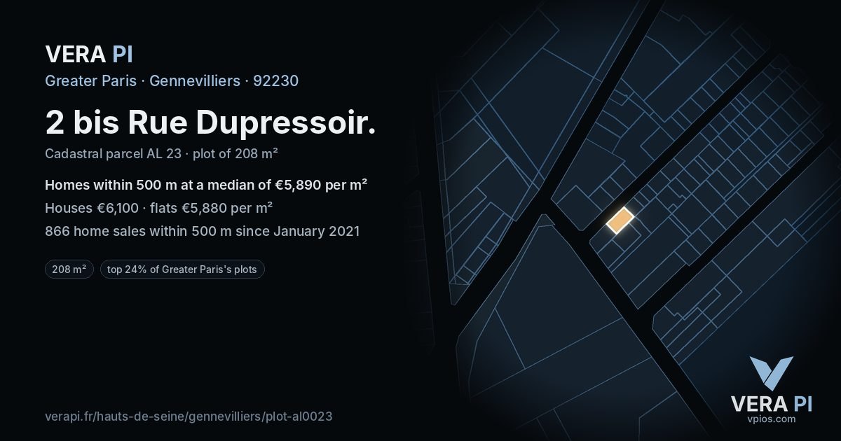 2 bis Rue Dupressoir, Gennevilliers at night – the plot lit, the parcels around coloured by the prices near them