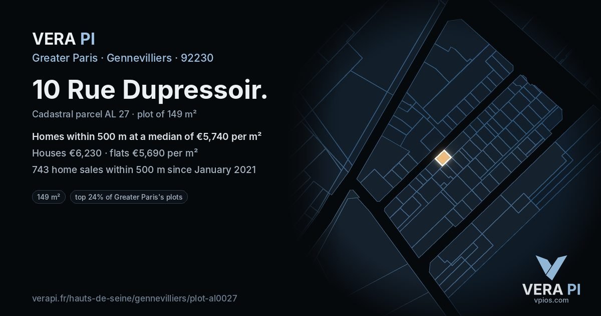 10 Rue Dupressoir, Gennevilliers at night – the plot lit, the parcels around coloured by the prices near them