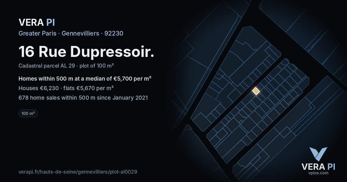 16 Rue Dupressoir, Gennevilliers at night – the plot lit, the parcels around coloured by the prices near them