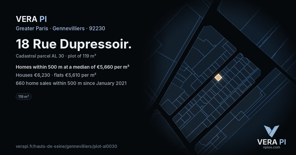 18 Rue Dupressoir, Gennevilliers at night – the plot lit, the parcels around coloured by the prices near them