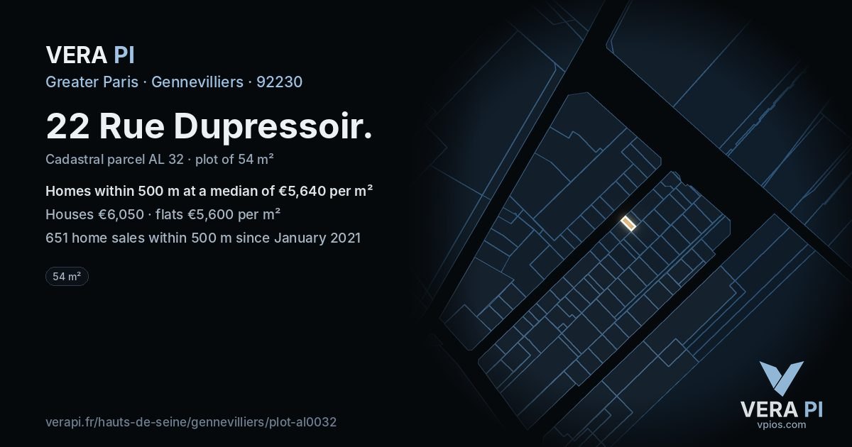 22 Rue Dupressoir, Gennevilliers at night – the plot lit, the parcels around coloured by the prices near them