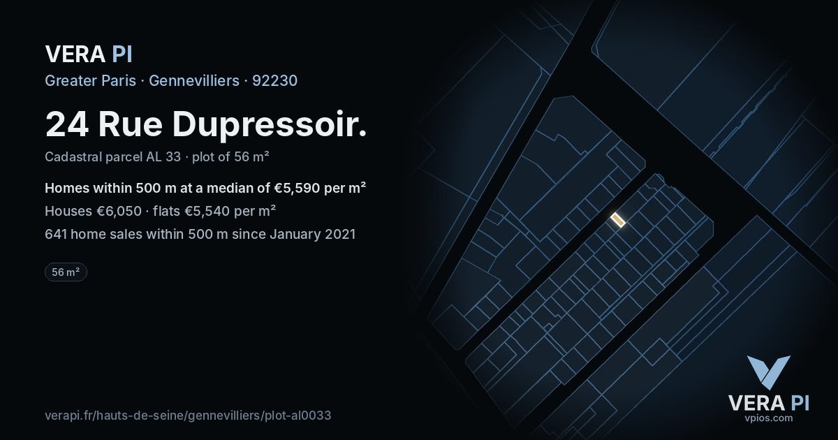 24 Rue Dupressoir, Gennevilliers at night – the plot lit, the parcels around coloured by the prices near them