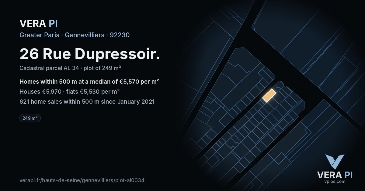 26 Rue Dupressoir, Gennevilliers at night – the plot lit, the parcels around coloured by the prices near them