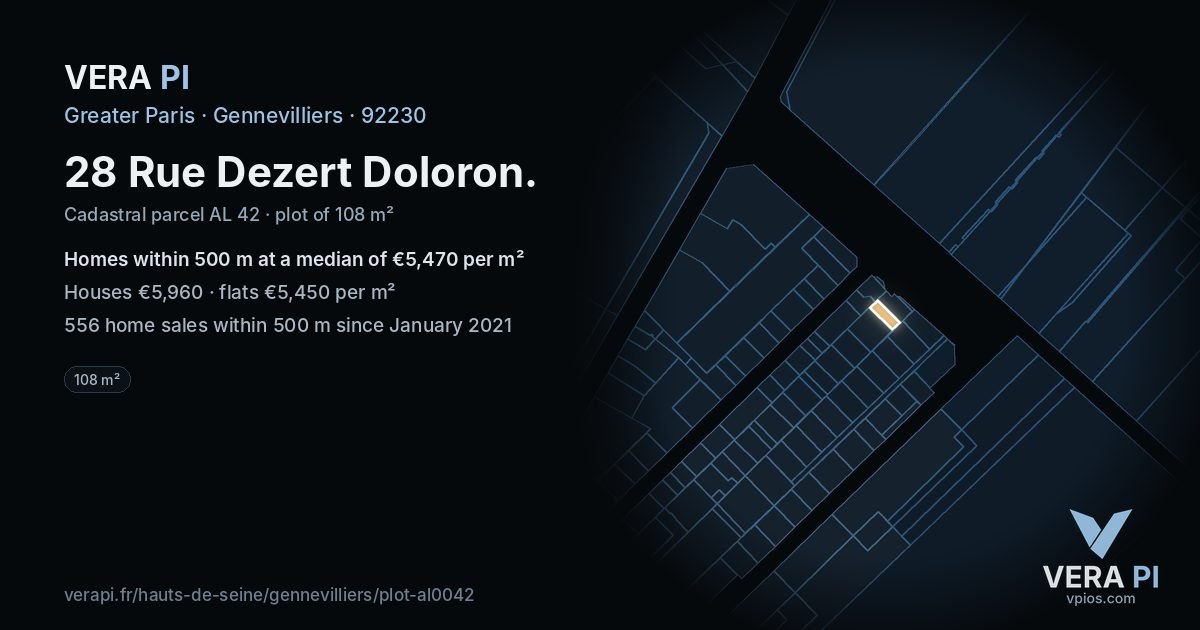 28 Rue Dezert Doloron, Gennevilliers at night – the plot lit, the parcels around coloured by the prices near them