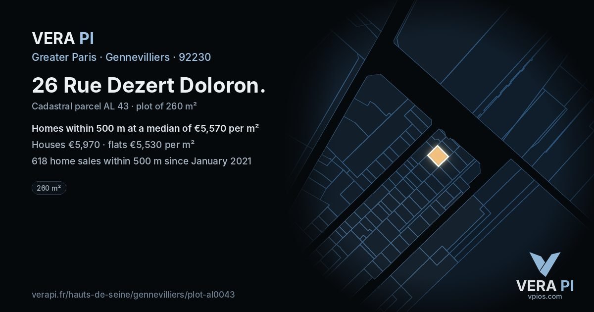 26 Rue Dezert Doloron, Gennevilliers at night – the plot lit, the parcels around coloured by the prices near them