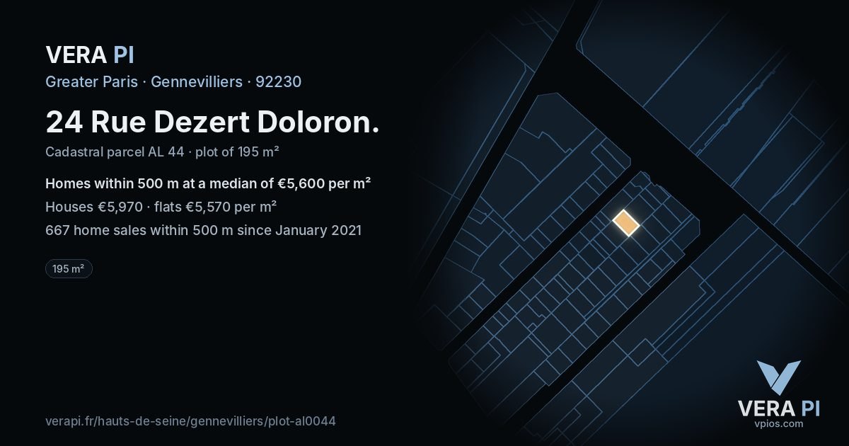 24 Rue Dezert Doloron, Gennevilliers at night – the plot lit, the parcels around coloured by the prices near them