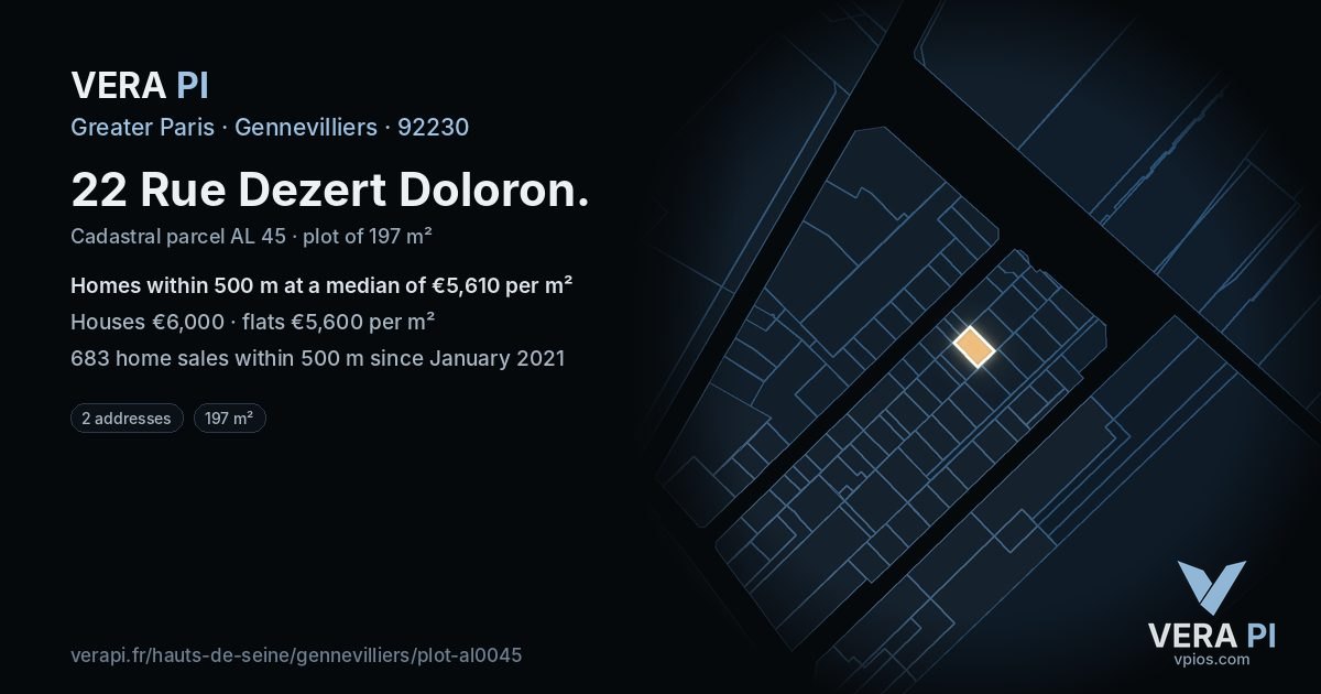 22 Rue Dezert Doloron, Gennevilliers at night – the plot lit, the parcels around coloured by the prices near them